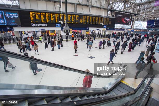 Visitors at the Waterloo station in London on 21 Febrauray 2018. London Waterloo station is one of the central station in the National Rail network...