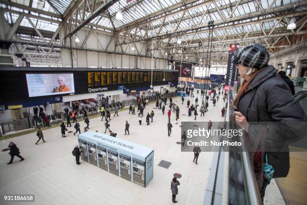 Visitors at the Waterloo station in London on 21 Febrauray 2018. London Waterloo station is one of the central station in the National Rail network...