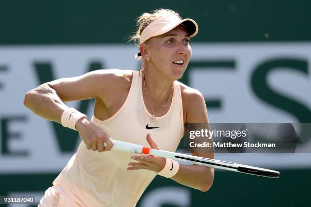 Elena Vesnina of Russia plays Angelique Kerber of Germany during the BNP Paribas Open at the Indian Wells Tennis Garden on March 12, 2018 in Indian...
