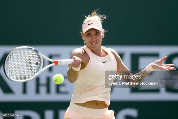 Elena Vesnina of Russia plays Angelique Kerber of Germany during the BNP Paribas Open at the Indian Wells Tennis Garden on March 12, 2018 in Indian...