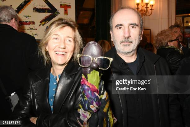 Writer Sylvie Bourgeois Harel, her puppet Marceline L Aubergine and director Philippe Harel attend Marc Cerrone Exhibition Preview at Deux Magots on...