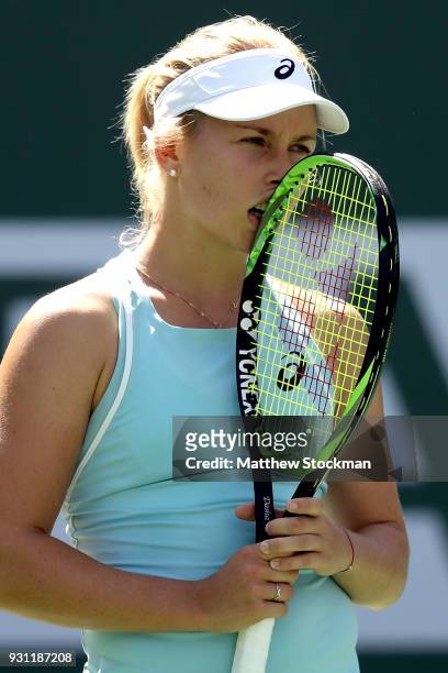 Daria Gavrilova of Australia reacts while playing Caroline Garcia of France during the BNP Paribas Open at the Indian Wells Tennis Garden on March...