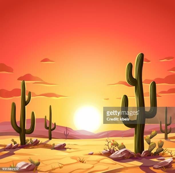 illustrazioni stock, clip art, cartoni animati e icone di tendenza di tramonto nel deserto - orizzonte su terra