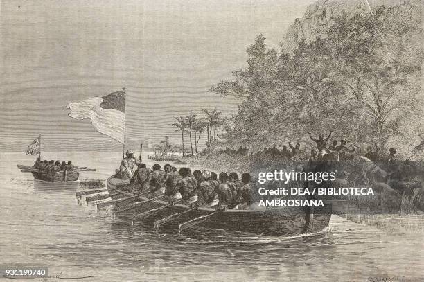 Rowing boats on Lake Tanganyika, Tanzania, drawing by Emile Antoine Bayard from How I found Livingstone, 1871-1872, by Henry Morton Stanley , from Il...