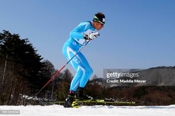 Alexandr Gerlits of Kazakhstan competes in the Men's 12.5 km Standing Biathlon at Alpensia Biathlon Centre on Day 4 of the PyeongChang 2018...