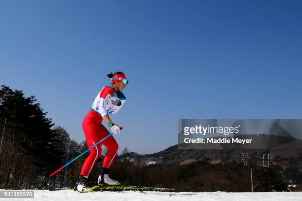 Yurika Abe of Japan competes in the Women's 10 km Standing Biathlon at Alpensia Biathlon Centre on Day 4 of the PyeongChang 2018 Paralympic Games on...