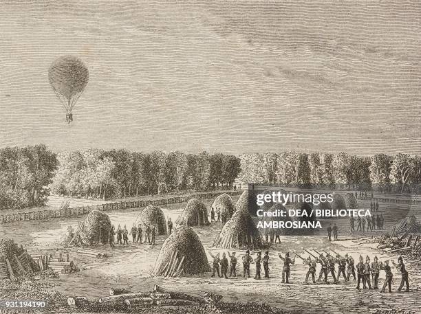 One of the balloons used in the Siege of Paris flying over the Prussian camp, France, October 14 life drawing by Albert Tissandier , from Aircraft...