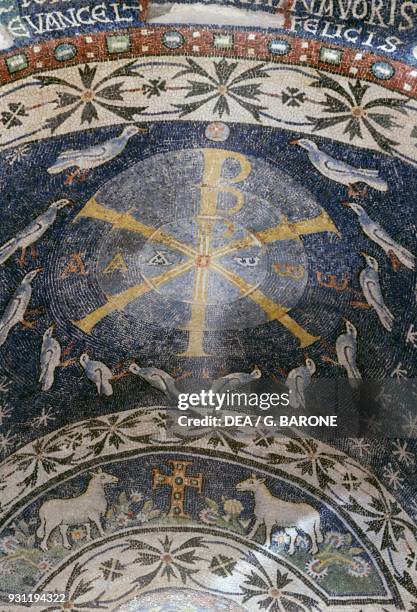 The Chi-Rho symbol, mosaic from the vault of a niche, baptistery of Albenga, Liguria. Italy, 6th century.