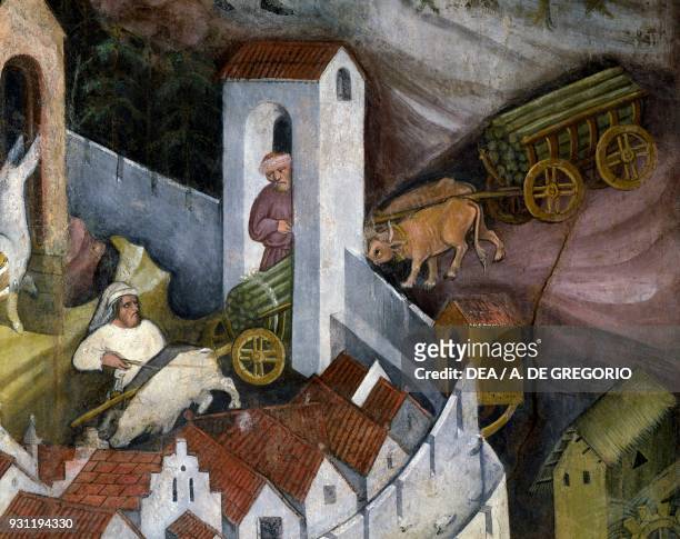Wood harvesting, detail from the Month of December, Cycle of the Months, 1390-1400, fresco by Master Venceslao, Torre Aquila, Buonconsiglio Castle,...