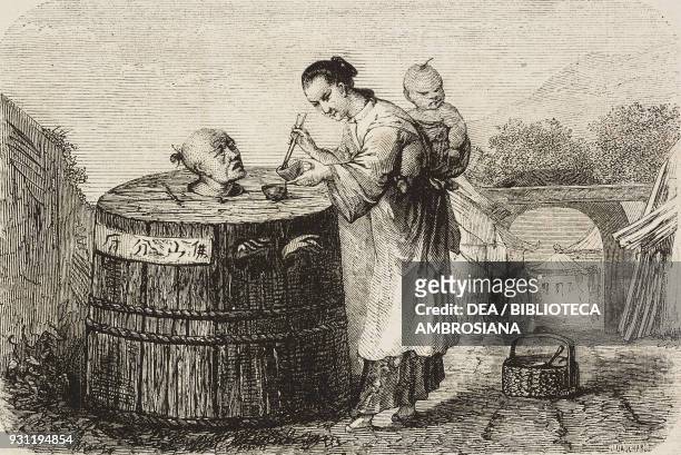 Man in a pillory device being fed by his wife, China, drawing by Janet Lange , from Shanghai Travel Moscow by A Possielgue, from Il Giro del mondo ,...