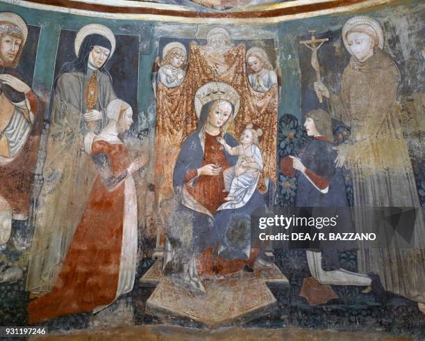 Virgin enthroned with Saints, 1487-88, detail from a fresco attributed to Daniele De Bosis , Madonna del Latte oratory, Gionzana, Novara, Piedmont....