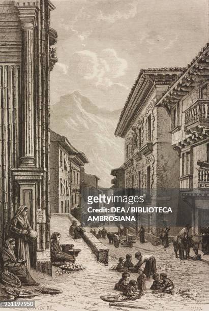 View of the main street from the church, Fontarabia, Hondarribia, Basque Country, drawing by Eugene Grandsire , from Fontarabia by E Doussault, from...