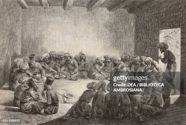 Sharing a meal with the Turkmen, Uzbekistan, drawing by Emile Bayard , from Travels in central Asia by Armin Vambery, from Il Giro del mondo ,...