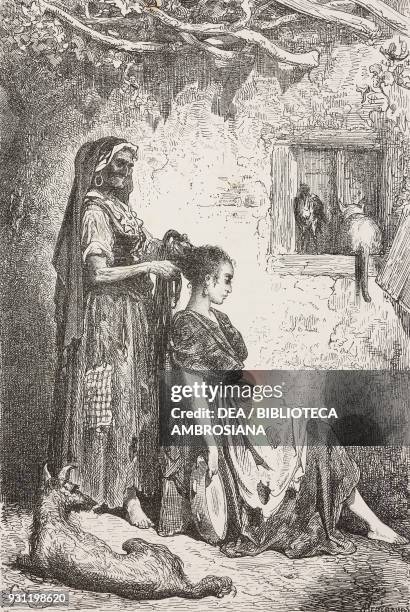 Gypsy woman performing her toilette in Diezma, Spain, drawing by Gustave Dore , from Travels in Spain by Gustave Dore and Charles Davillier,...