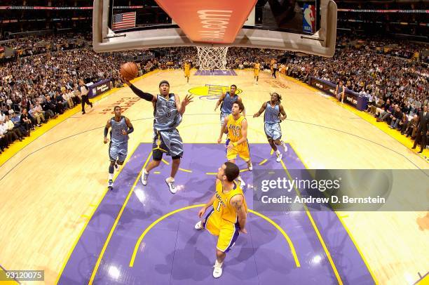 Allen Iverson of the Memphis Grizzlies goes to the basket against the Los Angeles Lakers during the game on November 6, 2009 at Staples Center in Los...