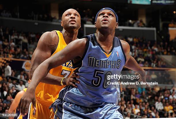 Zach Randolph of the Memphis Grizzlies boxes out Lamar Odom of the Los Angeles Lakers during the game on November 6, 2009 at Staples Center in Los...