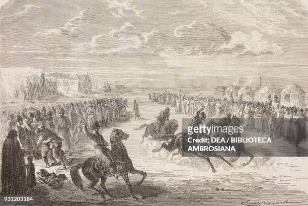 Turkmen wrestling and horse racing, Iran, drawing by Emile Antoine Bayard after a sketch by Blocqueville, from Fourteen months of captivity among the...