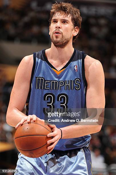 Marc Gasol of the Memphis Grizzlies shoots a free throw against the Los Angeles Lakers during the game on November 6, 2009 at Staples Center in Los...