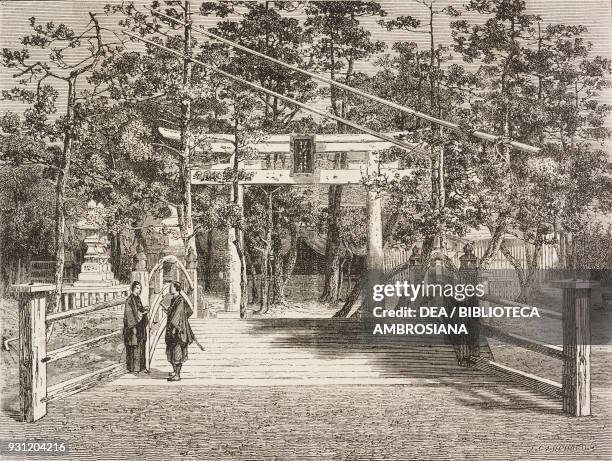 Temple avenue in Benten, Yokohama, Japan, drawing by Emile Therond from a photograph, from Japan by Aime Humbert , 1863-1864, from Il Giro del mondo...