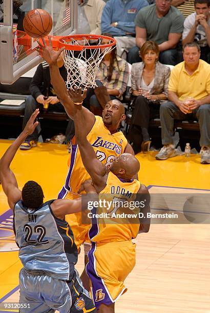 Mbenga of the Los Angeles Lakers blocks the shot by Rudy Gay of the Memphis Grizzlies during the game on November 6, 2009 at Staples Center in Los...