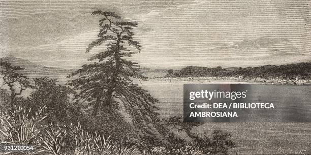 View of Shimonoseki strait and city from Kokura, Japan, drawing by Dominique Grenet de Joigny from a photograph, from Japan by Aime Humbert ,...