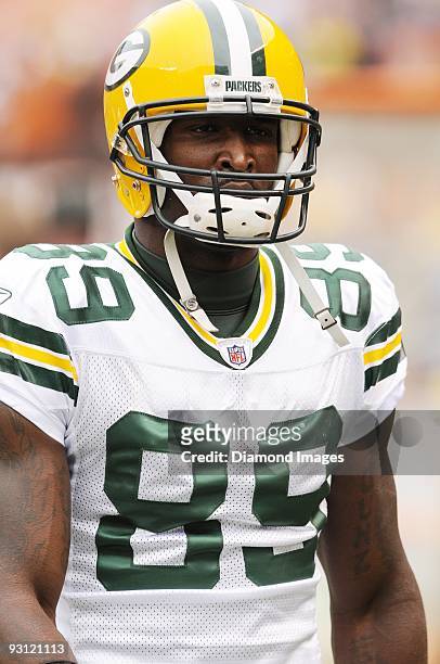 Wide receiver James Jones of the Green Bay Packers looks towards the sideline prior to a game on October 25, 2009 against the Cleveland Browns at...