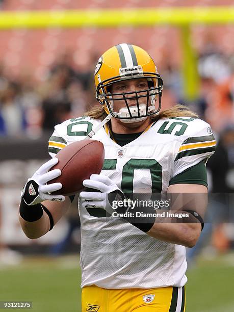 Linebacker A. J. Hawk of the Green Bay Packers warms up prior to a game on October 25, 2009 against the Cleveland Browns at Cleveland Browns Stadium...