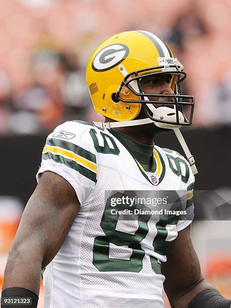 Wide receiver James Jones of the Green Bay Packers warms up prior to a game on October 25, 2009 against the Cleveland Browns at Cleveland Browns...