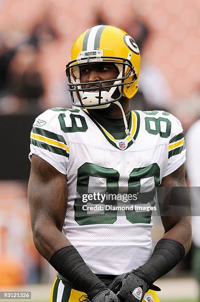 Wide receiver James Jones of the Green Bay Packers warms up prior to a game on October 25, 2009 against the Cleveland Browns at Cleveland Browns...