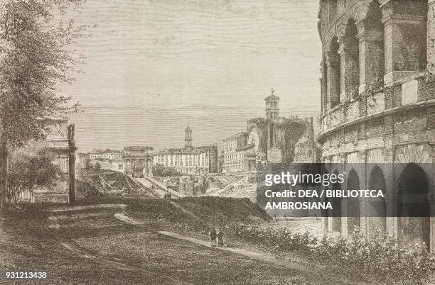 Temple of Venus and Rome, Church of St Francesca Romana, Arch of Titus, Bell tower of Capitoline Hill, entrance to the Roman Forum from Via Sacra,...