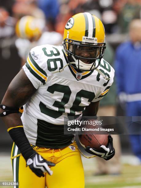 Defensive back Nick Collins of the Green Bay Packers warms up prior to a game on October 25, 2009 against the Cleveland Browns at Cleveland Browns...