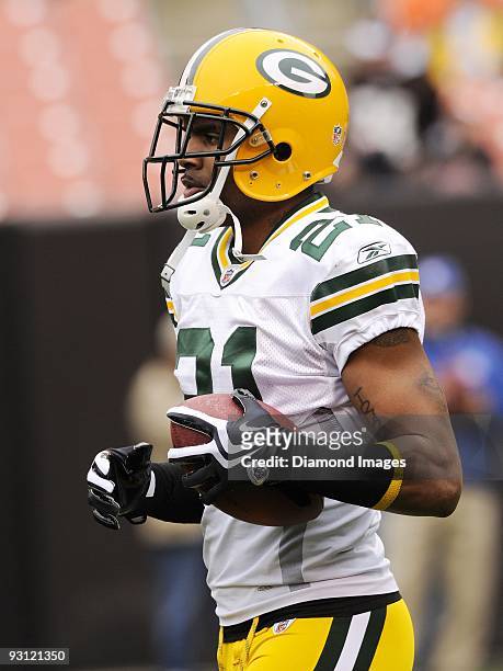 Defensive back Charles Woodson of the Green Bay Packers warms up prior to a game on October 25, 2009 against the Cleveland Browns at Cleveland Browns...