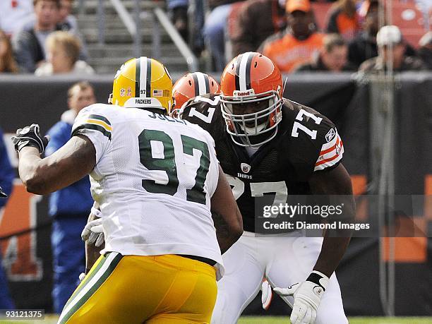 Offensive lineman Floyd Womack of the Cleveland Browns blocks defensive lineman Johnny Jolly of the Green Bay Packers during a game on October 25,...