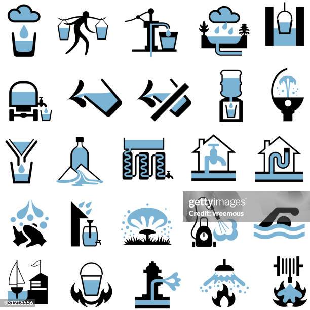 water supply, sources, resources and conservation icons - reservoir stock illustrations