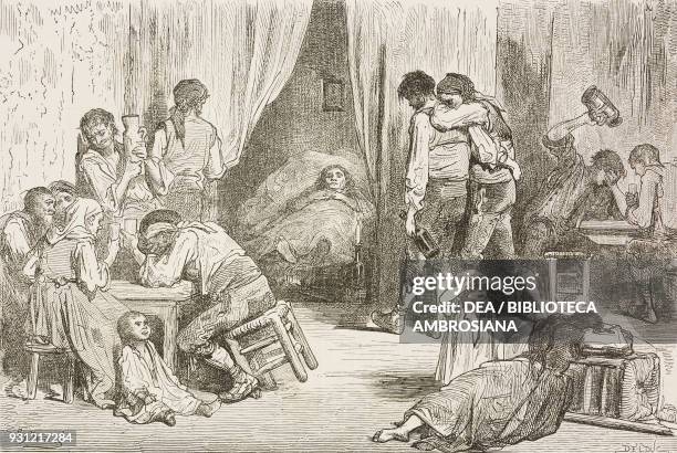 Gypsy death in the Triana barrio in Seville, Spain, drawing by Dore, from Travels in Spain by Gustave Dore and Jean Charles Davillier , from Il Giro...