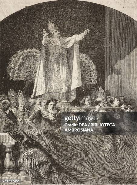 Pope Pius IX performing the benediction in the loggia, Vatican, drawing by Emile Antoine Bayard , from Holy Week in Rome by Ludovic Celler from Il...