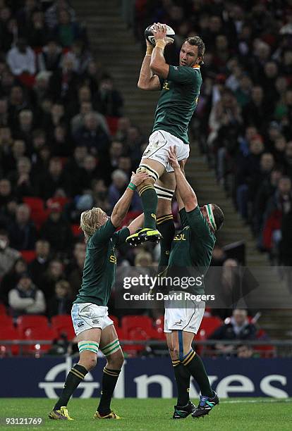 Andries Bekker of South Africa claims the lineout ball during the friendly match between Saracens and South Africa at Wembley Stadium on November 17,...