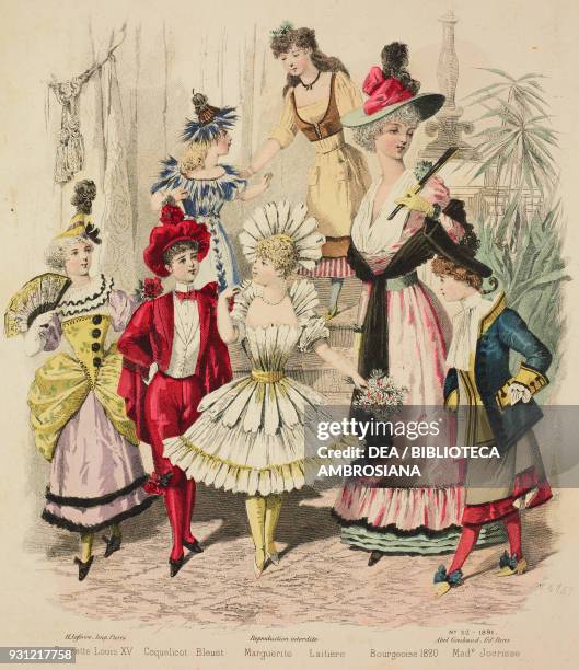 Boys and girls wearing carnival clothes: Pierret Louis XIV, Poppy, Milkmaid, Blueberry, Margherita, 1820 bourgeois lady, Madame Jocrisse, Revue de la...