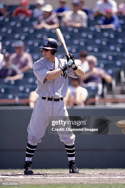 Outfielder Mark Kotsay of the Portland Sea Dogs, Class AA affiliate of the Florida Marlins, awaits the next pitch during a game in August, 1997...