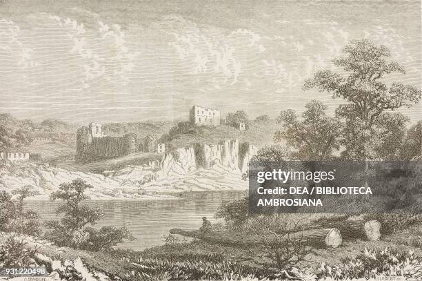 Chepstow castle, Wales, drawing by Pierre Eugene Grandsire from a sketch by Erny, from Travels in Wales by Alfred Erny United Kingdom, from Il Giro...