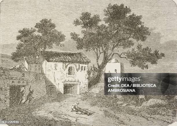 Marabouts house and mosque in Kuku, drawing by Duhousset, from Excursion in Great Kabylia, Notes and sketches collected between the Mediterranean sea...