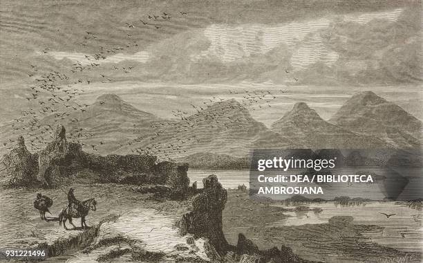 Arrival of the caravan on top of Almannagja with a view of Thingvalla lake, drawing by Valentin Foulquier from the author's album, from Travels in...