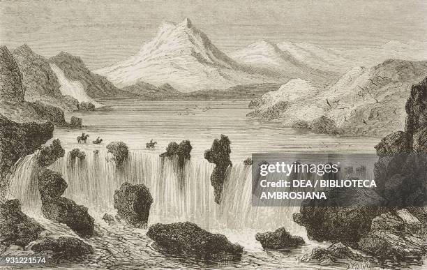 Fording the Bruaura, drawing by Jules Noel from the author's album, from Travels in the Icelandic interior by Natale Nogaret from Il Giro del mondo ,...