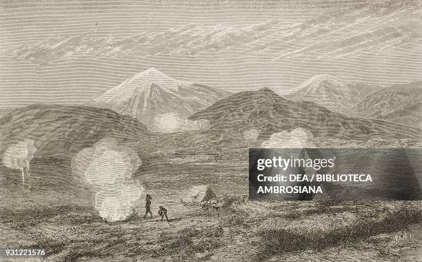 Plain with geysers, drawing by Yan Dargent from the author's album, from Travels in the Icelandic interior by Natale Nogaret from Il Giro del mondo ,...