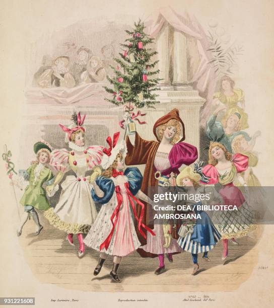 Dancing woman wearing a cape with hood and holding up a Christmas tree surrounded by children in colourful dresses with puffed-sleeves, adorned with...