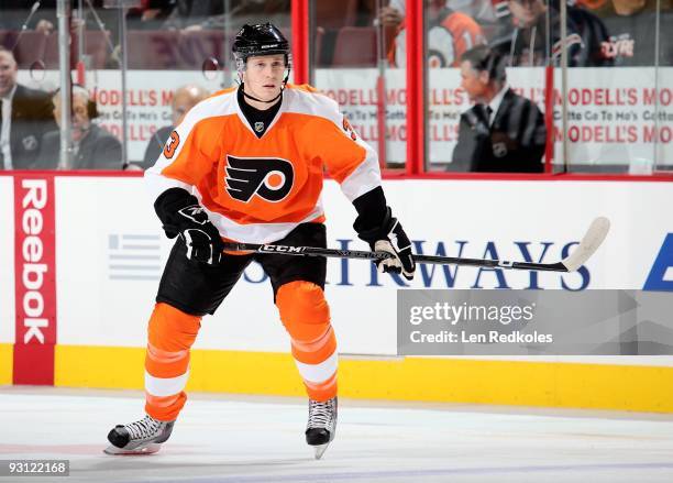 Oskars Bartulis of the Philadelphia Flyers skates against the Ottawa Senators on November 12, 2009 at the Wachovia Center in Philadelphia,...