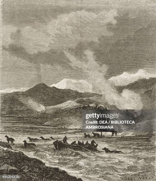 Fording the Thyorsa, drawing by Jules Noel from the author's album, from Travels in the Icelandic interior by Natale Nogaret from Il Giro del mondo ,...