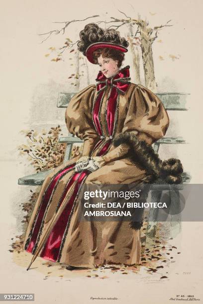 Woman seated on a bench in a park, wearing a brown walking coat with bordeaux ribbons and bow, with a fur boa and hat with feathers, holding an...