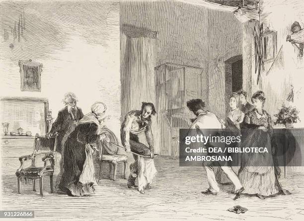 Scene from the comedy Moroso de la Nona, by Giacinto Gallina , engraving from L'Illustrazione Italiana, Year 3, No 4, November 21, 1875.