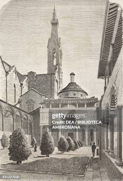 Pazzi chapel in the cloister of the Basilica of the Holy Cross, Florence, Italy, drawing by Telemaco Signorini , engraving from L'Illustrazione...